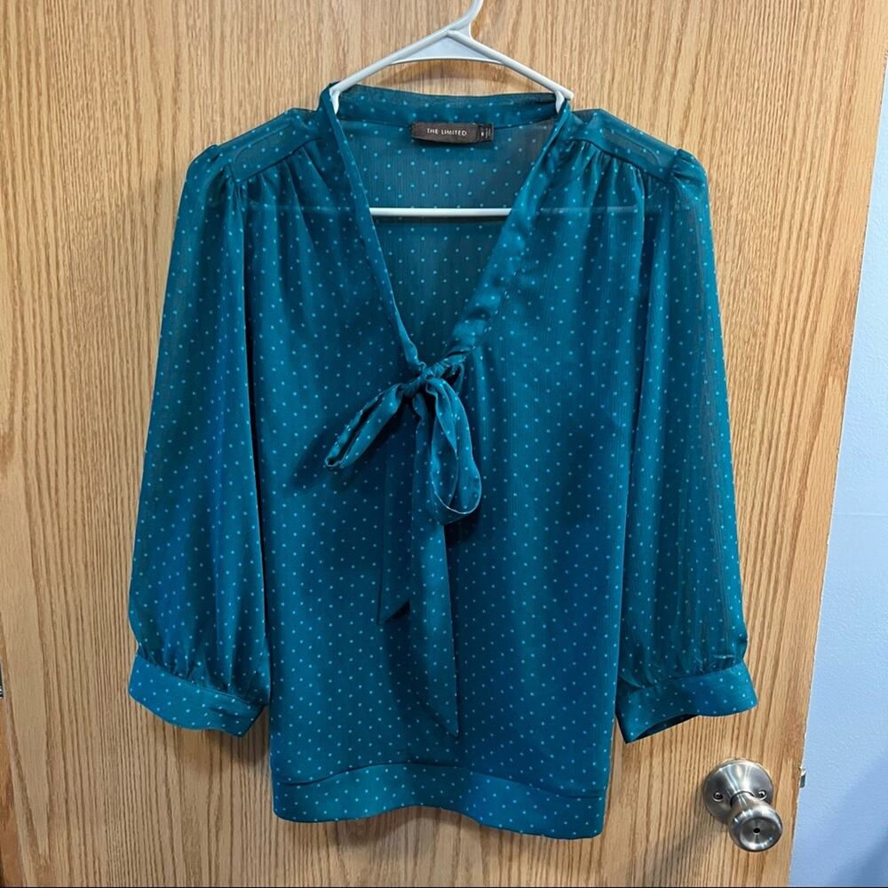 The Limited Semi Sheer Green Polka Dot Top w/ Bow Women's Size Small